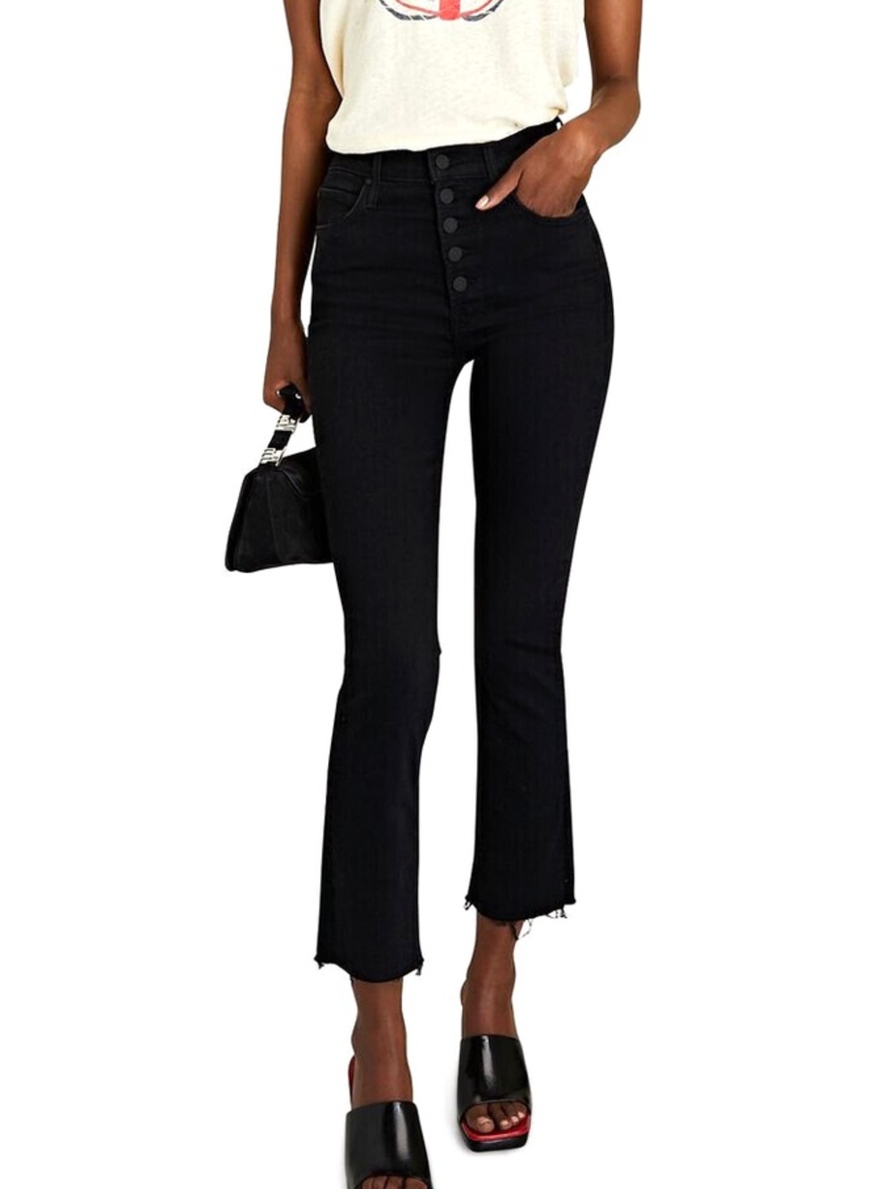 NWOT MOTHER The Pixie Dazzler Ankle Fray Denim Jeans Black Straight Leg Size 25